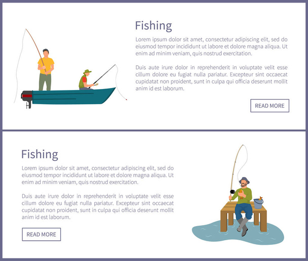 Fishing People in Wooden Boat Vector Illustration - Vector, Imagen