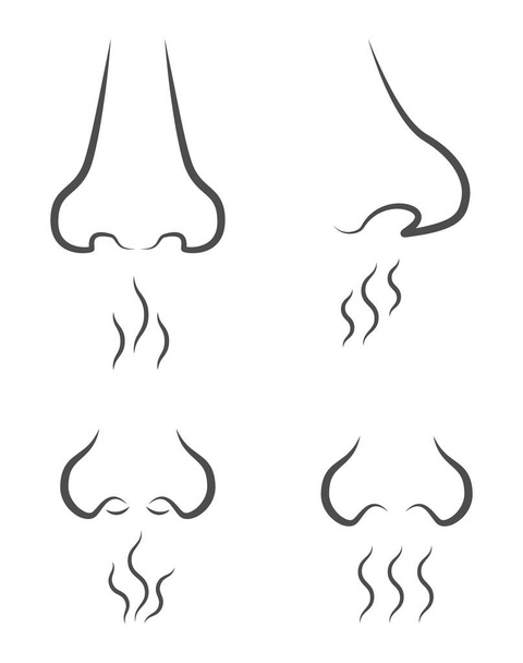 набор иконок с силуэтами носа под разными углами, которые вдыхают различные запахи, изображенные в виде волн
 - Вектор,изображение