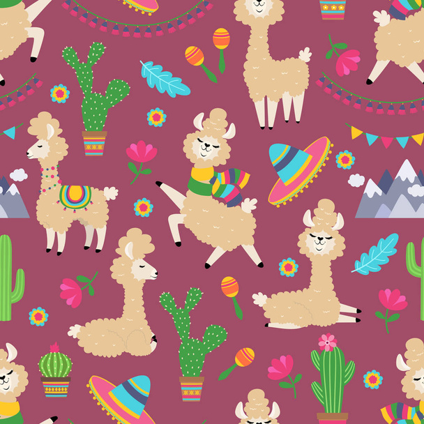 Patrón sin costuras de llama. Alpaca bebé y cactus textura textil femenina. Concepto tribal Lama
 - Vector, Imagen