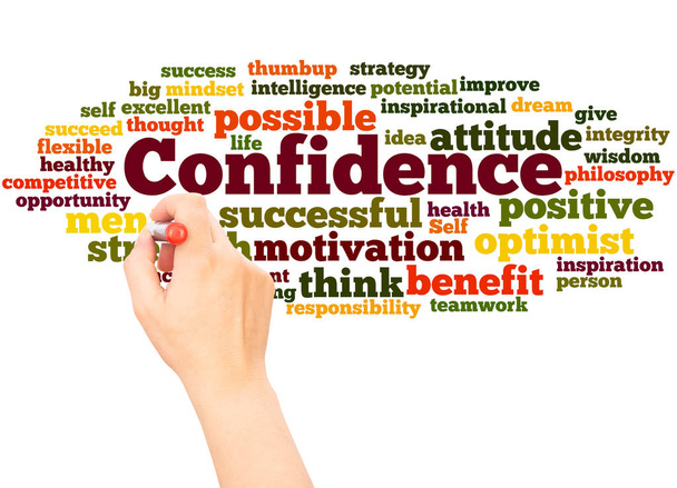 Confidence word cloud and hand with marker concept on white background. - Photo, Image