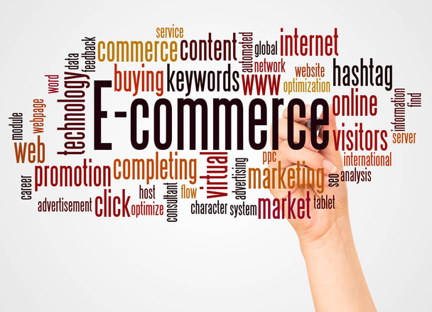 E-commerce nuvem de palavras e mão com conceito de marcador no fundo branco
. - Foto, Imagem