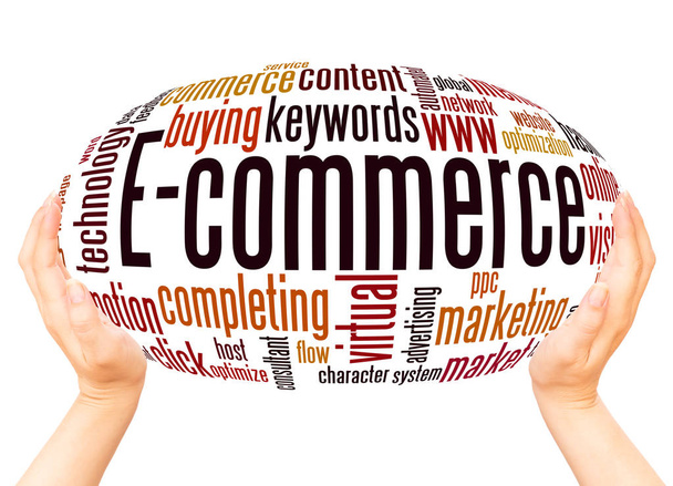 E-commerce λέξη σύννεφο χέρι σφαίρα έννοια σε λευκό φόντο. - Φωτογραφία, εικόνα