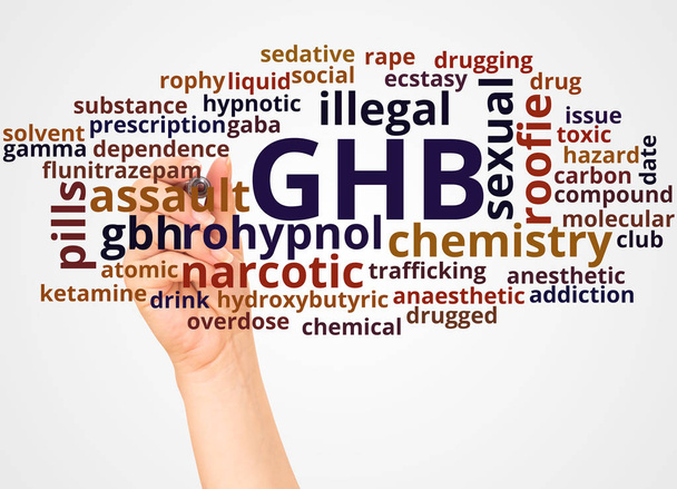 A GHB - Gamma-hidroxibutirát szó felhő és a kézi jelölő koncepció fehér háttér. - Fotó, kép