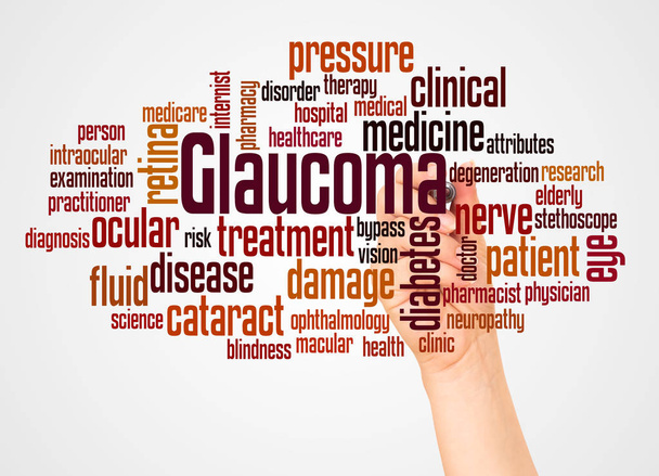 Glaucoma parola nube e mano con il concetto di marcatore su sfondo bianco
. - Foto, immagini