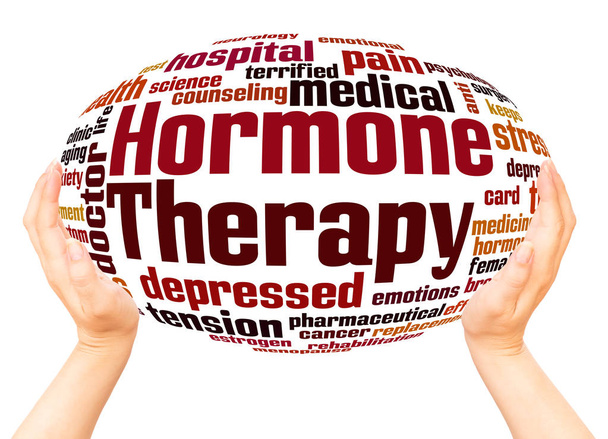 Terapia hormonal conceito de esfera de mão nuvem palavra no fundo branco
. - Foto, Imagem