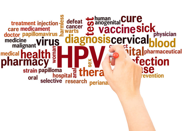 HPV - Vírus Papilloma Humani, conceito de escrita de mão nuvem de palavras no fundo branco
. - Foto, Imagem