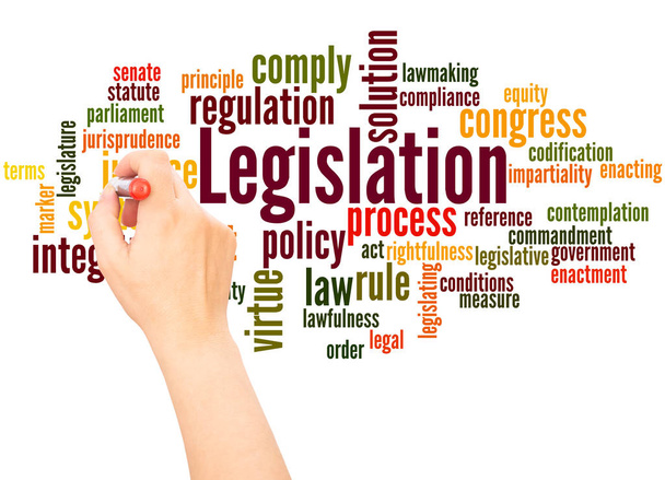 Legislação palavra nuvem mão escrita conceito no fundo branco
. - Foto, Imagem