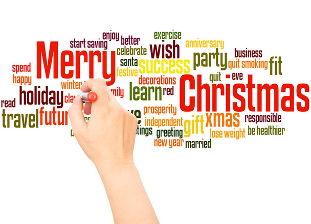 Merry Christmas word cloud hand writing concept on white background. - Photo, Image