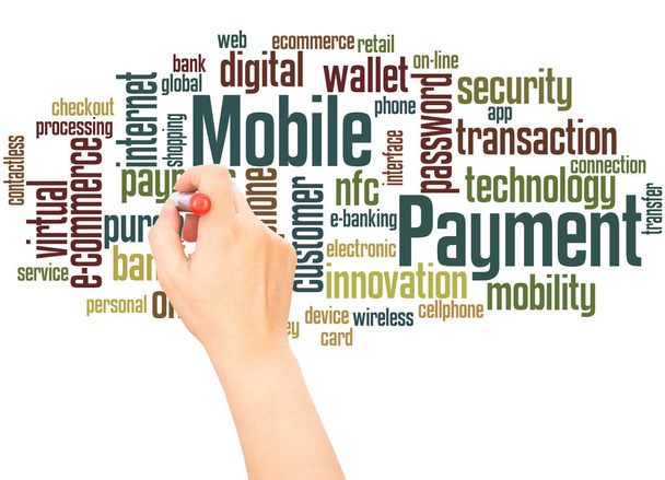 Mobile Payment Wort Wolke Handschrift Konzept auf weißem Hintergrund.  - Foto, Bild