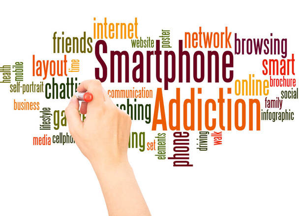 Smartphone addiction word hand writing cloud concept on white background. - Photo, Image