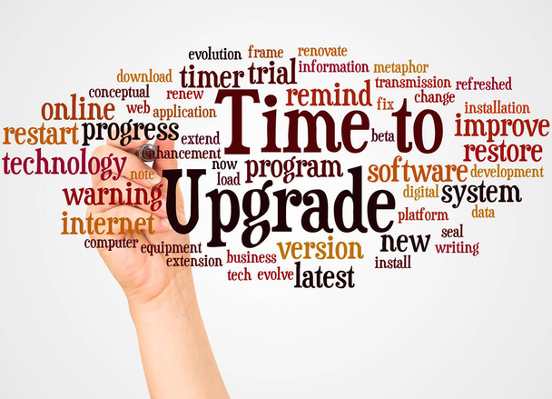 Time to Upgrade word cloud and hand with marker concept on white background. - Photo, Image