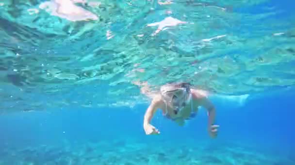 Frau taucht unter Wasser in Schnorchelmaske und Schnorchel im klaren, blauen Meerwasser. - Filmmaterial, Video