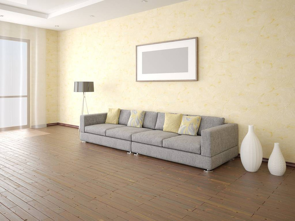 Mallintaa tilava olohuone, jossa on suuri mukava sohva ja kevyt koriste kipsi
. - Valokuva, kuva