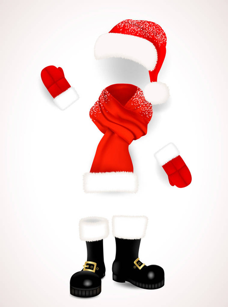 Set aus realistischer roter Weihnachtsmannkleidung, Hut mit flauschigem Pelzbommel, Schal mit Schnee, Fäustlingen und schwarzen Stiefeln auf weißem Hintergrund. Vektorillustration - Vektor, Bild