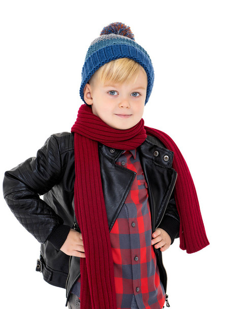 Little boy in a hat and scarf. - 写真・画像