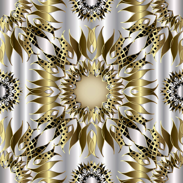 3d surface ornamental floral vector seamless pattern. Luxury ornate mandala background. Vintage decorative gold silver flowery ornament.  Decorative design. Elegance ornament. For wallpaper. fabric - Vektör, Görsel
