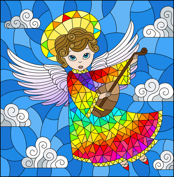 Εικονογράφηση στο λεκιασμένο γυαλί στυλ με καρτούν Άγγελος ουράνιο τόξο παίζει λαούτο κατά τις συννεφιά - Διάνυσμα, εικόνα