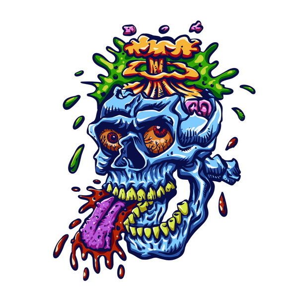 Blue zombie skull with head exploding - Vector, Image