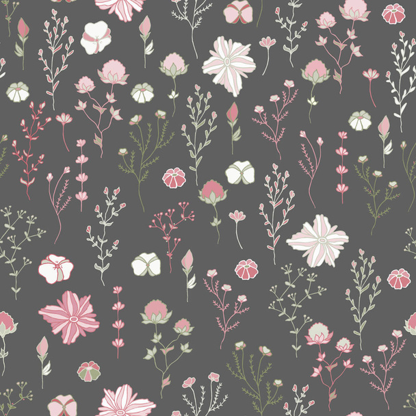 Herbs and flowers Botanical seamless pattern in sketch style - Вектор,изображение