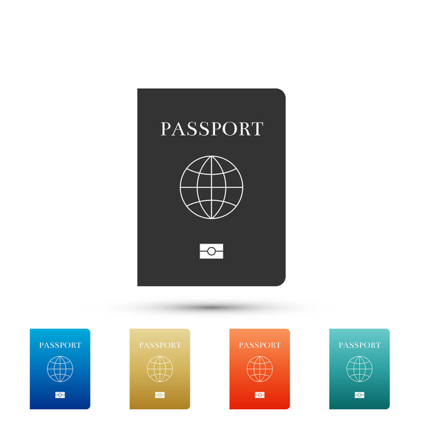 Paspoort met biometrische gegevens pictogram geïsoleerd op een grijze achtergrond. Identiteitsbewijs. Set elementen in gekleurde pictogrammen. Platte ontwerp. Vectorillustratie - Vector, afbeelding