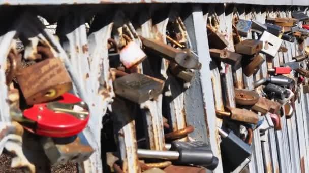 Locks on the fence of bridge - Footage, Video