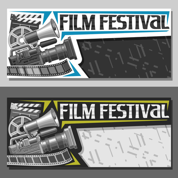 Διάνυσμα εισιτήρια για Φεστιβάλ Κινηματογράφου με το διάστημα αντίγραφο, φυλλάδια με εξοπλισμό επαγγελματικών cinema και μιλώντας για τρομπέτα, αρχικά γράμματα λέξεων film Φεστιβάλ, ταινία σύμβολα σε αφηρημένα φόντο. - Διάνυσμα, εικόνα