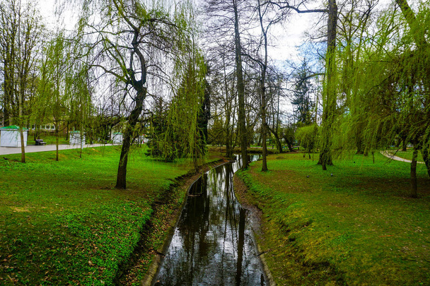 Minsk Gorky Park Vista da pitoresca corrente com árvores e grama
 - Foto, Imagem