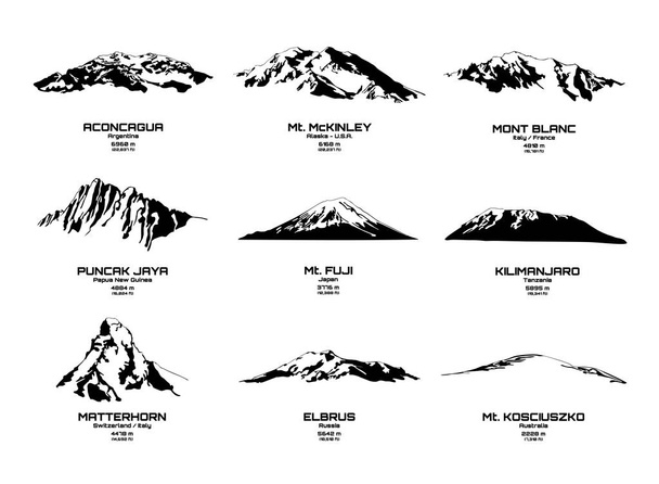 Umrissvektorillustration der höchsten Berge aller Kontinente - Vektor, Bild