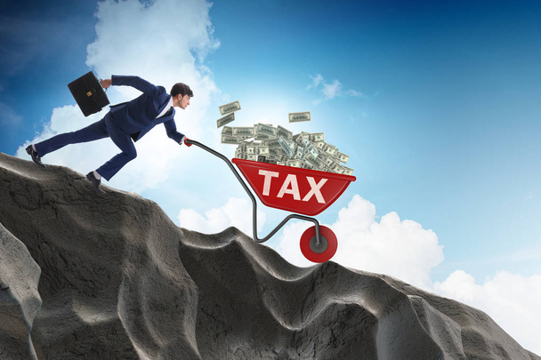 Бизнесмен толкает тележку на налоговые деньги - Фото, изображение