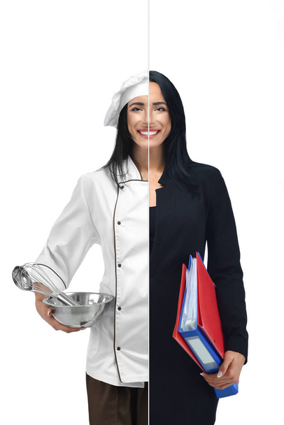Smiling girl in two occupations of chef and businesswoman. - Valokuva, kuva