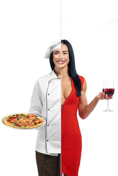 Peaceful girl in two occupations of pizza maker and model. - Foto, Imagem