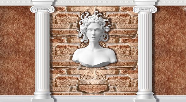 3D arka plan, sütunlar, kürk ve heykel Medusa. Antik Yunan mitolojisinde. klasik tarzı 3D arka plan - Fotoğraf, Görsel
