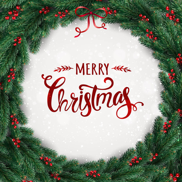 Neşeli Noel tipografik Noel çelenk ağaç dalları, çilek, ışıklar, kar taneleri beyaz zemin üzerine. Xmas tema. Vektör çizim - Vektör, Görsel