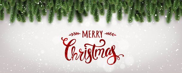 Merry Christmas typograficzne na białym tle z gałęzi drzew ozdobione gwiazd, światła, płatki śniegu. Boże Narodzenie tematu. Ilustracja wektorowa - Wektor, obraz