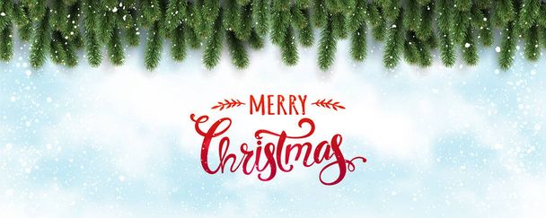 Merry Christmas typograficzne na białym tle z gałęzi drzew ozdobione gwiazd, światła, płatki śniegu. Boże Narodzenie tematu. Ilustracja wektorowa - Wektor, obraz