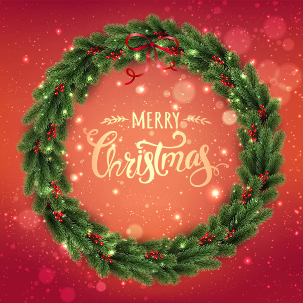 Gold Merry Christmas Typographical on red background with Christmas wreath of tree branches, berries, lights, bokeh. Xmas theme. Vector Illustration - Vektör, Görsel