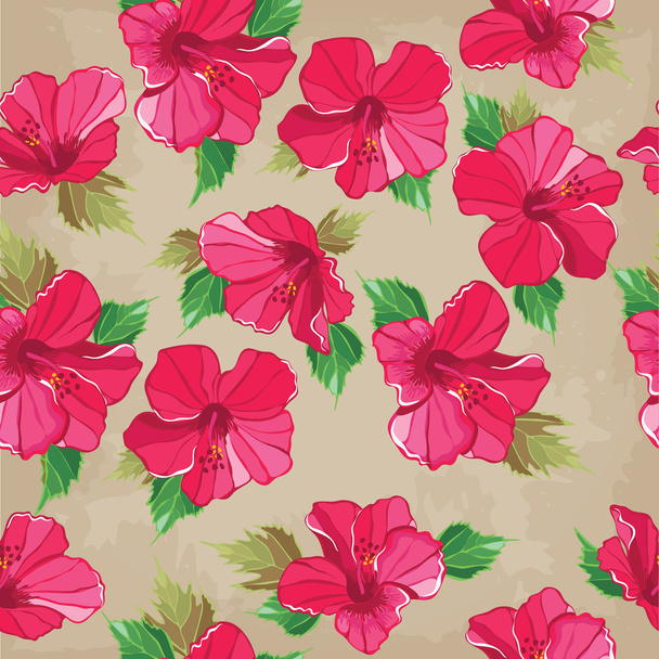 Floral seamless pattern with hibiscus, hand-drawing. - Vector, Imagen
