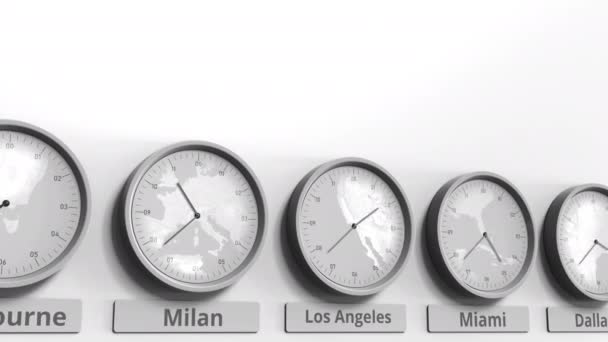 Kerek óra mutatja a világon használt időzónák idő Los Angeles, Amerikai Egyesült Államok. Fogalmi 3d animáció - Felvétel, videó