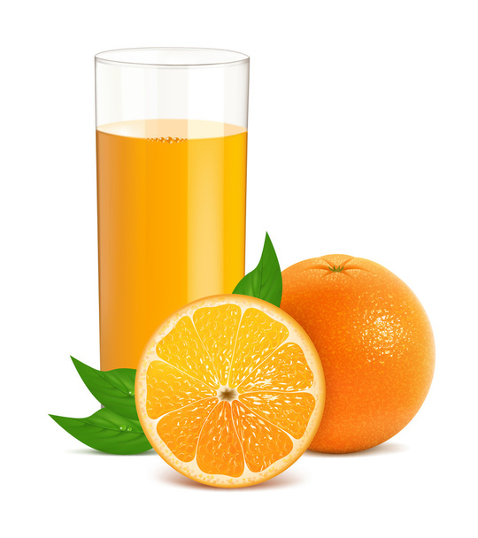 frische Orange mit Blättern und Glas mit Saft - Vektor, Bild