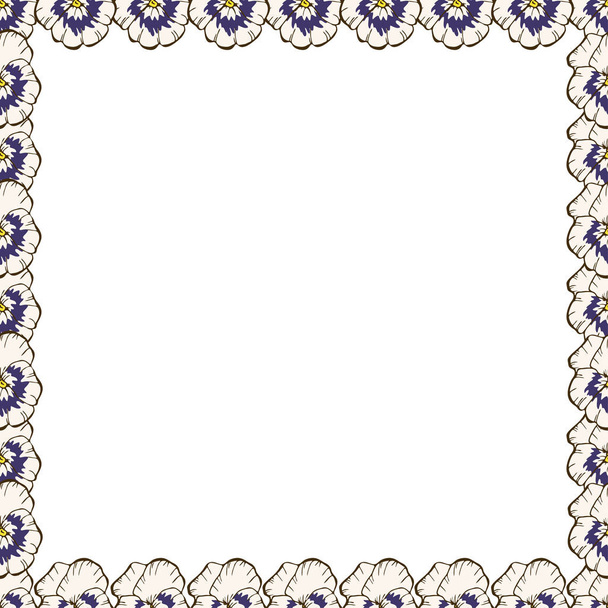 Frame of flowers. Beautiful frame of pansies. Ready template for your design, vector illustration - Vector, Imagen