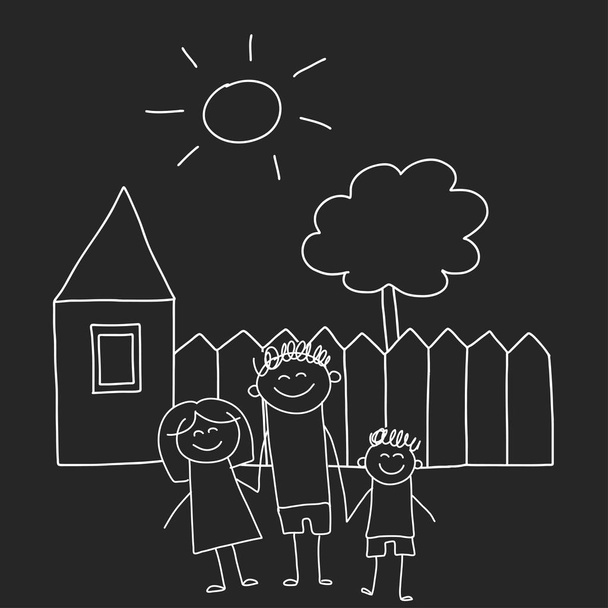 Happy family with house. Kids drawing style vector illustration isolated on blackboard background. Mother, father, sister, brother. - Vector, Image