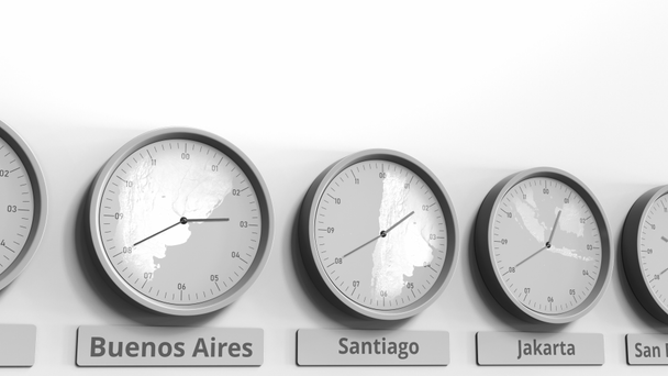 Годинник показує Сантьяго, Сантьяго де Чилі час серед різних часових поясах. Концептуальні 3d анімація - Кадри, відео