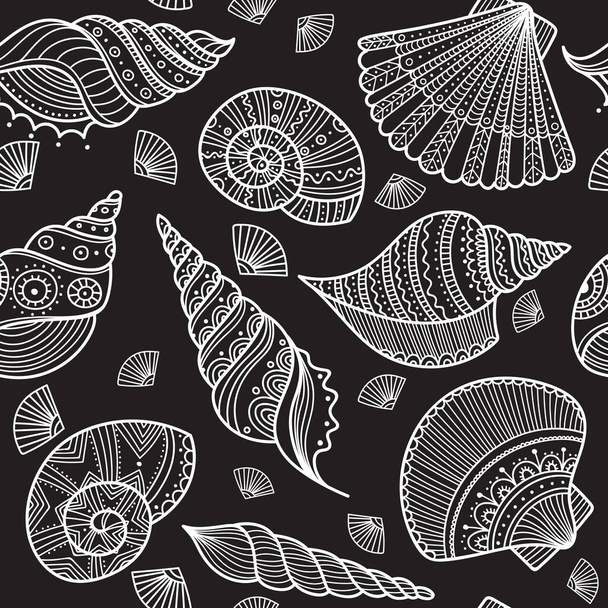 Vector seamless pattern with shells in ethnic boho style with ornaments. Can be printed and used as wrapping paper, wallpaper, textile, fabric, etc. - Vektor, obrázek