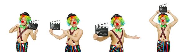 Clown with movie board on white - Photo, Image