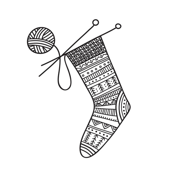 Векторна ілюстрація в'язаного носка і кульки з пряжі з голкою. Може використовуватися як наклейка, піктограма, логотип, шаблон дизайну, розмальовка сторінка
 - Вектор, зображення