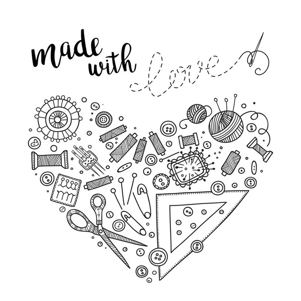 Vector card needlework theme with lettering and sewing tools in heart shape. Can be printed and used as banner, card, placard, sticker, invitation, design template, label, coloring page - Vector, Image