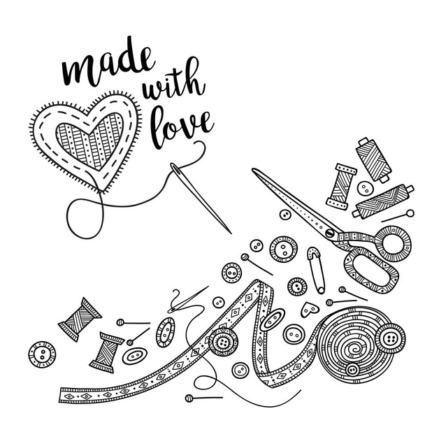 Vector card needlework theme with lettering and sewing tools. Can be printed and used as banner, card, placard, sticker, invitation, design template, label, coloring page - Vector, Image