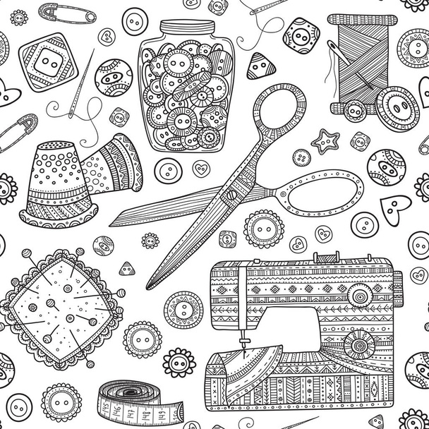 Vector seamless pattern with needlework tools, sewing theme. Can be printed and used as wrapping paper, wallpaper, textile, fabric, coloring page. - Vector, Image