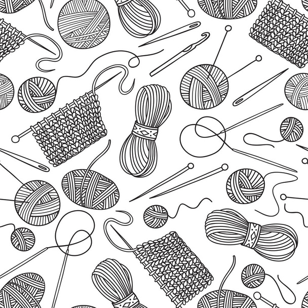 Vector seamless pattern with knitting tools and yarn . Can be printed and used as wrapping paper, wallpaper, textile, fabric, coloring page - Вектор,изображение