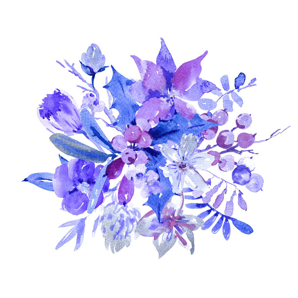 Зимовий синій квіткові аквареллю вітальну листівку з філій, Холлі, квіти та ягоди. Природні ручним розписом ілюстрації на білому тлі, новорічні прикраси - Фото, зображення